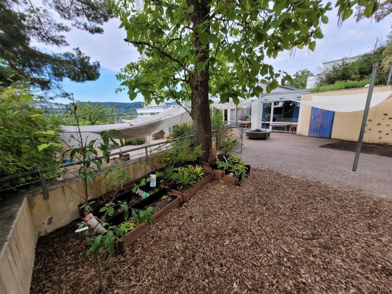 Garten des Kindergartens mit Blumenbeeten